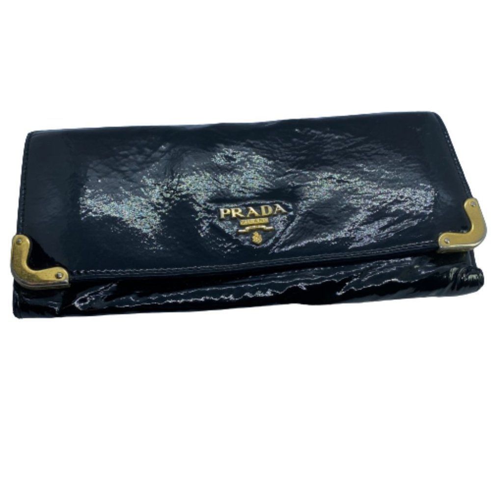 Patent Prada Black Wallet with Gold Hardware